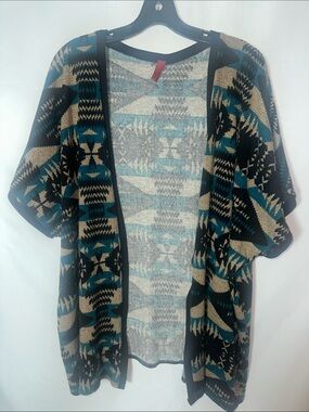 Open-Front Aztec Knit Cardigan - Teal, Black & Cream